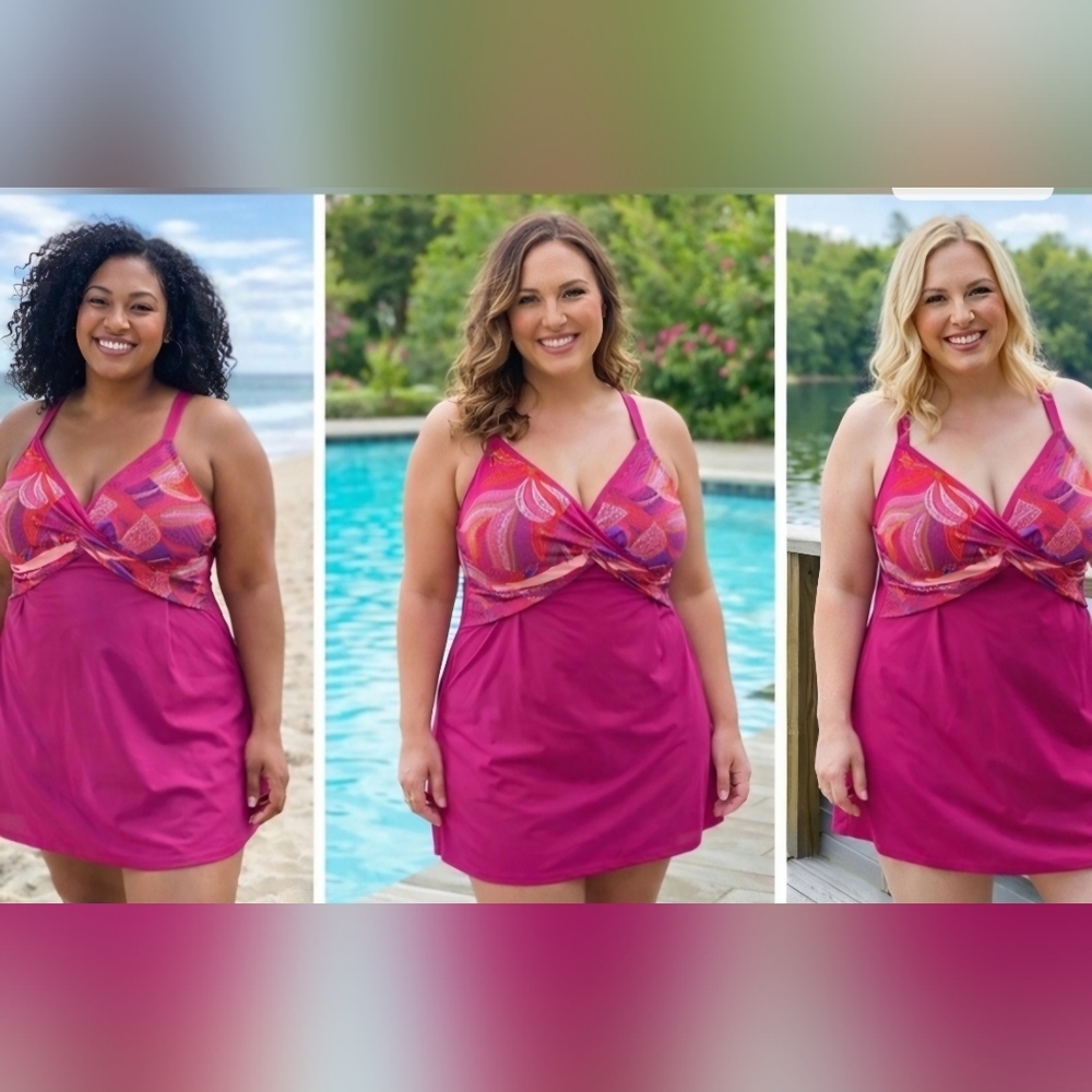 Denim & Co Beach V-Neck Color-Block Swim Dress Magenta Pink Floral Size 16 New